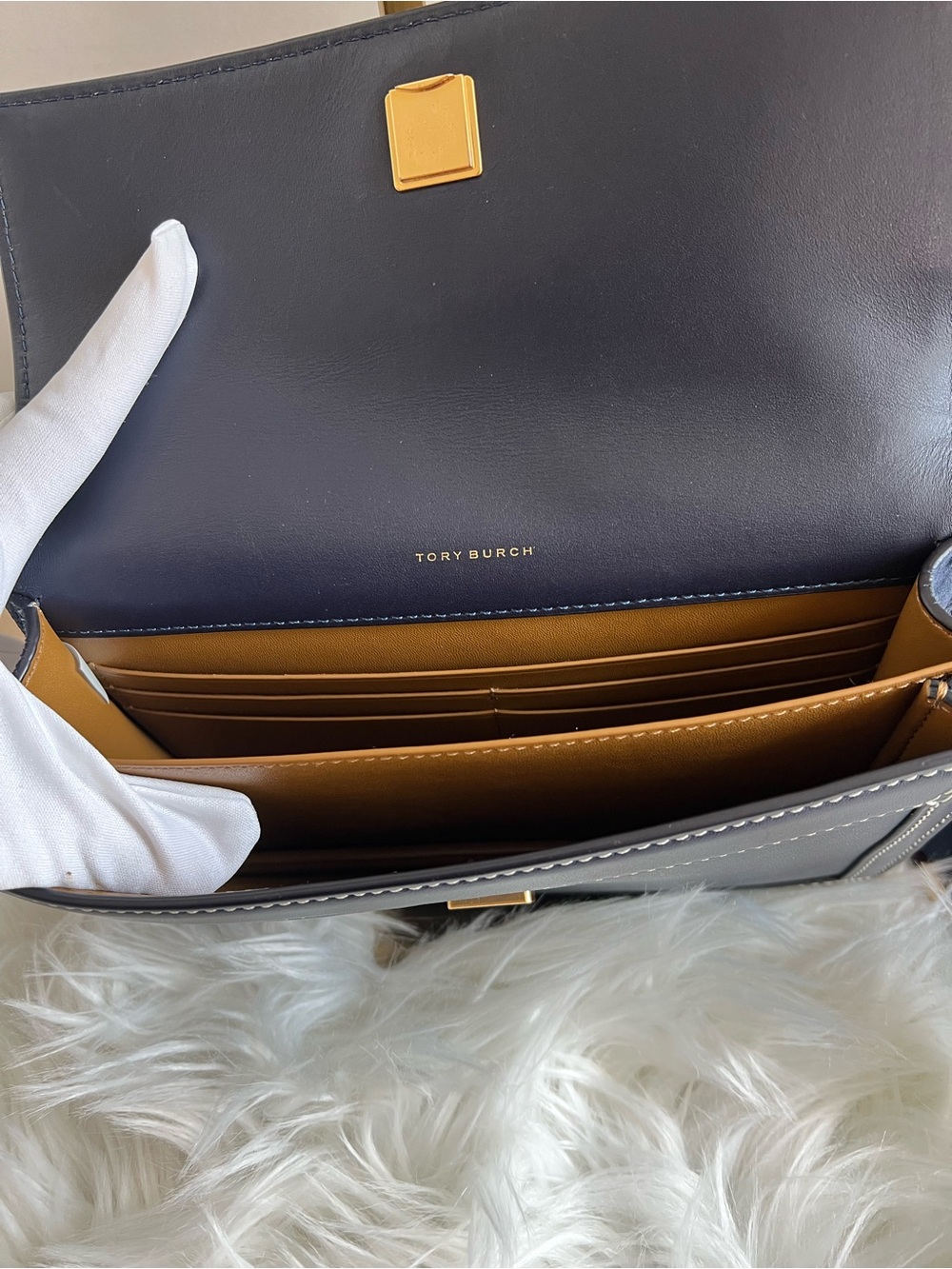 Tory Burch Navy T-Mono Leather Crossbody with Gold Hardware and Burgundy Strap - Picture 7 of 7